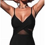 CUPSHE Damen Badeanzug Wickeloptik Sheer Mesh Monokini V Ausschnitt Figurformend Einteilige Bademode Swimsuit Schwarz M
