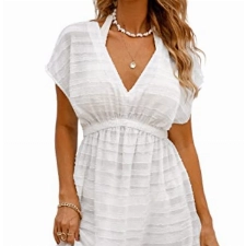 CUPSHE Damen Bikini Cover Up Strandkleid V Ausschnitt Kurzarm Elastikbund Seitenschlitz Freizeitkleider Sommer Beach Mini Dress Weiß/Textur M