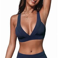 CUPSHE Damen Bikini Set V Ausschnitt High Waist Breite Träger Bademode Zweiteiliger Badeanzug Swimsuit Dunkelblau L