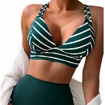 CUPSHE Damen Bikini Set V Ausschnitt Lace Up High Waist Bikini Bademode Breites Unterbrustband Streifen Zweiteiliger Badeanzug Swimsuit Dunkelgrün S