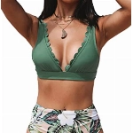 CUPSHE Damen Bikini Set Wellenkanten High Waist Bikini Bademode V Ausschnitt Bauchweg Tropical Print Zweiteiliger Badeanzug Swimsuit Grün M