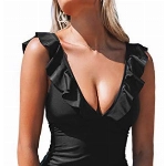 CUPSHE Damen Einteiler Badeanzug Rüschen V Ausschnitt Monokinis Bauchweg Einteiliger Bademode Swimsuit Schwarz XL