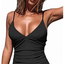 CUPSHE Damen Einteiler Badeanzug Triangel V Ausschnitt Monokini Bauchweg Raffungen Unifarben Bademode Swimsuit Schwarz XL