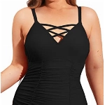 CUPSHE Damen Große Größen Badeanzug V Ausschnitt Zierband Bauchweg Raffungen Slim Einteiler Plus Size Bademode Swimsuit Schwarz XL