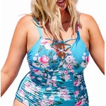 CUPSHE Damen Große Größen Badeanzug V Ausschnitt Zierband Blumenmuster Slim Einteiler Plus Size Bademode Swimsuit Blau XXL