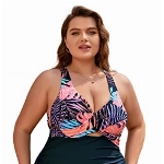 CUPSHE Damen Große Größen Badeanzug Wickeloptik V Ausschnitt Raffungen Blumenmuster Cut Out Einteilige Plus Size Bademode Swimsuit Schwarz XL