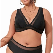 CUPSHE Damen Große Größen Bikini Set V Ausschnitt Sheer Mesh Tank Zweiteiliger Bikini Breite Träger Mid Waist Plus Size Bademode Swimsuit Schwarz XXL