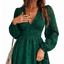 CUPSHE Damen Kleid Spitzenkleid V Ausschnitt Knöpfen Langarm Floral Spitze A Linie Freizeitkleider Elegant Party Mini Dress Grün L