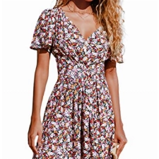 CUPSHE Damen Kleid V Ausschnitt Kurzarm Blümchenmuster Knöpfen Sommerkleid Freizeitkleid Strand Mini Dress Mehrfarbig M