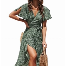 CUPSHE Damen Kleid V Ausschnitt Kurzarm High Low Wickelkleid Rüschensaum Lange Freizeitkleider Sommer Strand Maxi Dress Grün XL