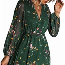 CUPSHE Damen Kleid Wickeloptik V Ausschnitt Langarm Chiffon Blumenmuster Freizeitkleider Wickelkleid Party Mini Dress Grün M