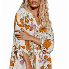 CUPSHE Damen Kleider V Ausschnitt 3/4 Ärmel Blumenmuster Blusenkleid Sommerkleid Strand Bikini Cover Up Hemd Shirt Dress Blumen L