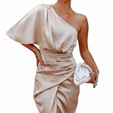 CUPSHE Damen One Shoulder Kleid in Satinoptik Raffungen Beinschlitz Asymmetrischer Partykleid Cocktailkleid Midi Dress Champagne M