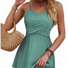 CUPSHE Damen Sommerkleid V Ausschnitt Crossover Wickel Spaghetti Trägerkleid A-Linien Gestufte Freizeitkleider Party Mini Dress Salbeigrün M