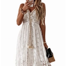 CUPSHE Damen Sommerkleid V Ausschnitt Floral Spitze Quasten Spaghetti Trägerkleid Freizeitkleider Hi-Low Party Boho Beach Maxi Dress Weiß M