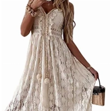 CUPSHE Damen Sommerkleid V Ausschnitt Floral Spitze Quasten Spaghetti Trägerkleid Freizeitkleider Hi-Low Party Boho Beach Maxi Dress Beige S