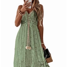 CUPSHE Damen Sommerkleid V Ausschnitt Floral Spitze Quasten Spaghetti Trägerkleid Freizeitkleider Hi-Low Party Boho Beach Maxi Dress Grün L