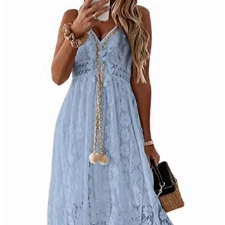 CUPSHE Damen Sommerkleid V Ausschnitt Floral Spitze Quasten Spaghetti Trägerkleid Freizeitkleider Hi-Low Party Boho Beach Maxi Dress Blau L