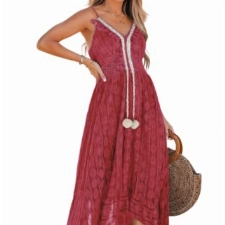 CUPSHE Damen Sommerkleid V Ausschnitt Floral Spitze Quasten Spaghetti Trägerkleid Freizeitkleider High Low Party Boho Beach Maxi Dress Weinrot M