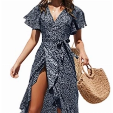 CUPSHE Damen Sommerkleid V Ausschnitt Kurzarm High Low Wickelkleid Rüschensaum Blumenmuster Lange Freizeitkleider Strand Maxi Dress Schwarz S