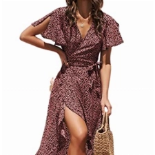 CUPSHE Damen Sommerkleid V Ausschnitt Kurzarm High Low Wickelkleid Rüschensaum Lange Freizeitkleider Strand Maxi Dress Rot M