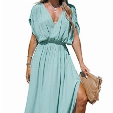 CUPSHE Damen Sommerkleid V Ausschnitt Kurzarm Seitenschlitz Strandkleid Lang Freizeitkleider Beach Cover Up Maxi Dress Minzgrün XL