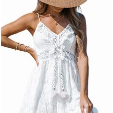 CUPSHE Damen Sommerkleid V Ausschnitt Quasten Floral Spitze Spaghetti Trägerkleid Kurze Freizeitkleider Boho Beach Mini Dress Weiß/Minilänge XL