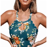 CUPSHE Teal Blumen Fächerförmig Badeanzug, Mehrfarbig, XL