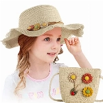 Czemo Mädchen Stroh Sonnenhut Mit Strandtasche mit Blumendekoration Süß Baby Blumen Mütze Set Outdoor-Aktivitäten Sommer Fit für 3-7 Jahre Kinder (Beige)