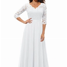 Daisyaner Damen Elegant Maxi Abendkleid V-Ausschnitt Spitze Chiffon Standesamt Hochzeitskleid Weiß M
