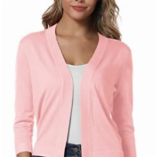 Damen 3/4 Ärmel Open Front Bolero Strickjacke Shrug Solid Cardigan Top (L, Rosa)
