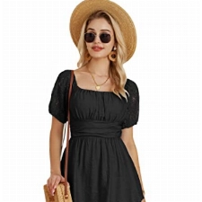 Damen A-Linie Elastische Taille Freizeitkleid Elegant Kleid Kurzarm Spitze Patchwork Midikleid Cocktailkleid S Schwarz CL1854S23-02