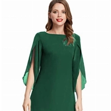 Damen Abend Party Kleid Chiffon Sommer Kleid Langarm Loose Fit Midi Kleid M Dunkelgrün CL11125-6