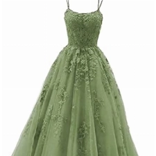 Damen Ballkleid aus Tüll mit Spaghettiträgern Lange Spitzenapplikationen Ballkleider A Linie formelle Party Abendkleider