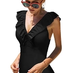 Damen Einteilige Badeanzug Strand Bademode V-Ausschnitt Figurschmeichelnder Vollkörper Gestreifter Badeanzug mit Blumenmuster Bikini Sets Badebekleidung Halter Bademode Push Up(Schwarz 02, M)