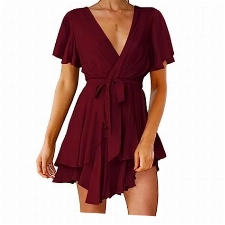 Damen Elegantes Kleid Retro Solide Farbe Cocktail Abend Party Rockabilly Kleider Taille Riemen Kleid Einfarbig Kurzarm A-Weinrot L