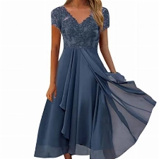 Damen Kleid Knielang Einfarbig Cocktailkleid Chiffon Sexy Sommerkleid V-Ausschnitt Partykleid mit Spizen Kurzarm Abendkleid Hoch Taille Vintage Swing Brautkleid Elegant A-Line Kleider