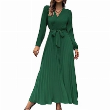 Damen Kleid Langarm Plissee Lange Kleider mit Gürtel Hochzeit Elegant V-Ausschnitt Einfarbig (Color : Green, Size : L)