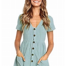 Damen Kleid Sommer Kurzarm V-Ausschnitt Tasten Dekoration Midi Kleider Elegant A-Linie Freizeitkleider mit Taschen Size L = EU 38-40