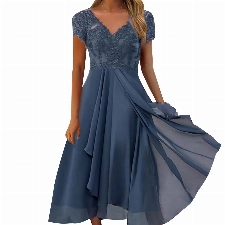 Damen Kleider Spitzenkleid Chiffon Cocktailkleid Abendkleider für Hochzeit Elegant Brautjungfernkleider Kurzarm V-Ausschnitt Partykleid Lange Kleid Festliches Ballkleid Swing Midikleid Große Größen