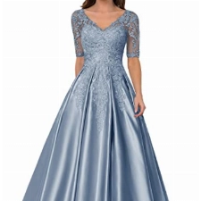 Damen Lang Abendkleid Glitzer Satin Ballkleid A-Linie Hochzeitsgast Kleid mit Ärmel Vintage Festkleid Schmutzigblau 42