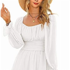 Damen Laterne Langarm Rückenfrei Weißes Kleid A-Linien-Kleider Swing Kleid Rüschen Saum Kurz Rockabilly Brautjungfernkleid Chiffonkleid Sommerkleid Elegant Minikleider(Weiß,S)