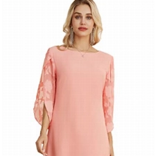 Damen Loose Fit Midi Abend Party Kleid Chiffon Kleid Langarm L Hellrosa Blume CL1994S23-03