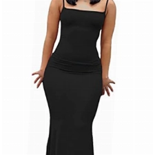 Damen-Maxikleid mit Spaghettiträgern, ärmellos, lang, einfarbig, figurbetont, unten weit ausgestellt, Abendkleid für Partys, Schwarz , Small