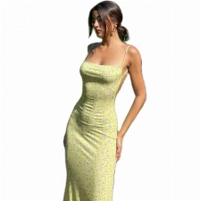 Damen-Maxikleid, rückenfrei, sexy, ärmellos, geteilt, Cocktailkleid, figurbetont, Spaghettiträger, langes Kleid, Party, gelb, Mittel