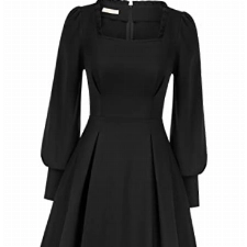 Damen Mittelalter Kleid A-Linie Knielang Lange Ärmel Quadratischer Ausschnitt Rockabilly Festlich Casual Abendkleid Schwarz L
