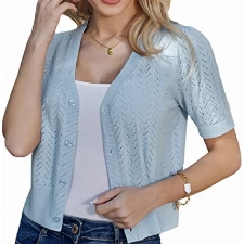 Damen Rockabily Strick Shirt Elegant Pullover V-Neck Casual Cardigan Hellblau S