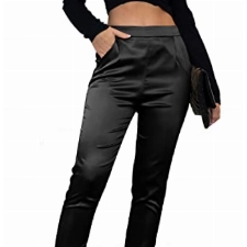 Damen Satin Seidig Kleid Casual Elastisch Hohe Taille Stretch Elegante Hose Hose, Black01, M