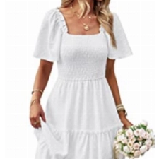 Damen Smocked Midi Kleid Kurzarm U-Ausschnitt Sommerkleid A-Linie Maxikleid Cocktail Weiß M