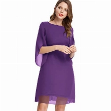 Damen Sommer Chiffon Kleid 3/4 Ärmel Loose Fit Elegant Midi Abendkleid XL Lila CL11125-3